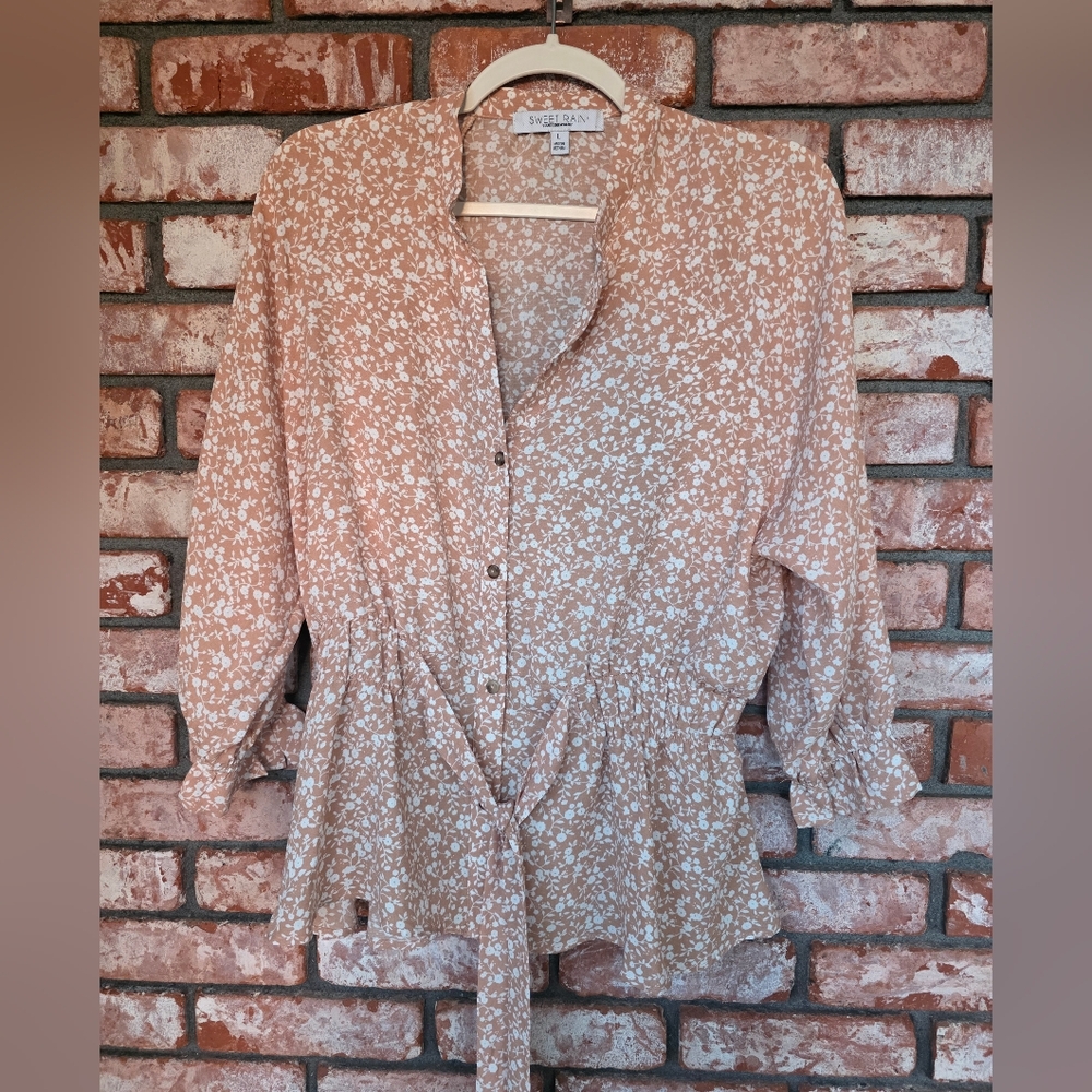 Sweet Rain Floral Tie-Waist Blouse - Brown